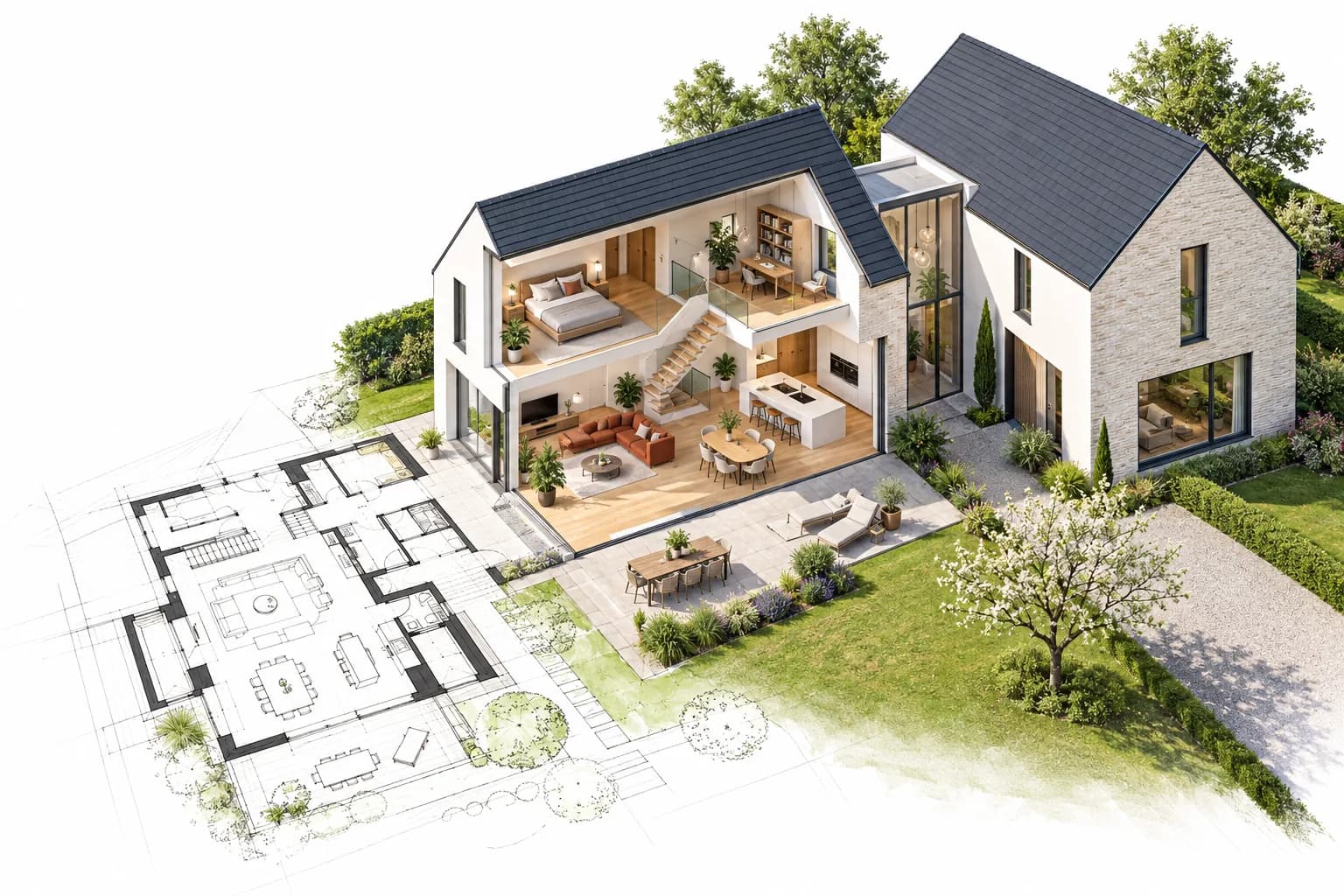 Villa belge en coupe montrant ses pièces et son jardin posée sur ses plans, illustration de l'analyse d'un devis de rénovation
