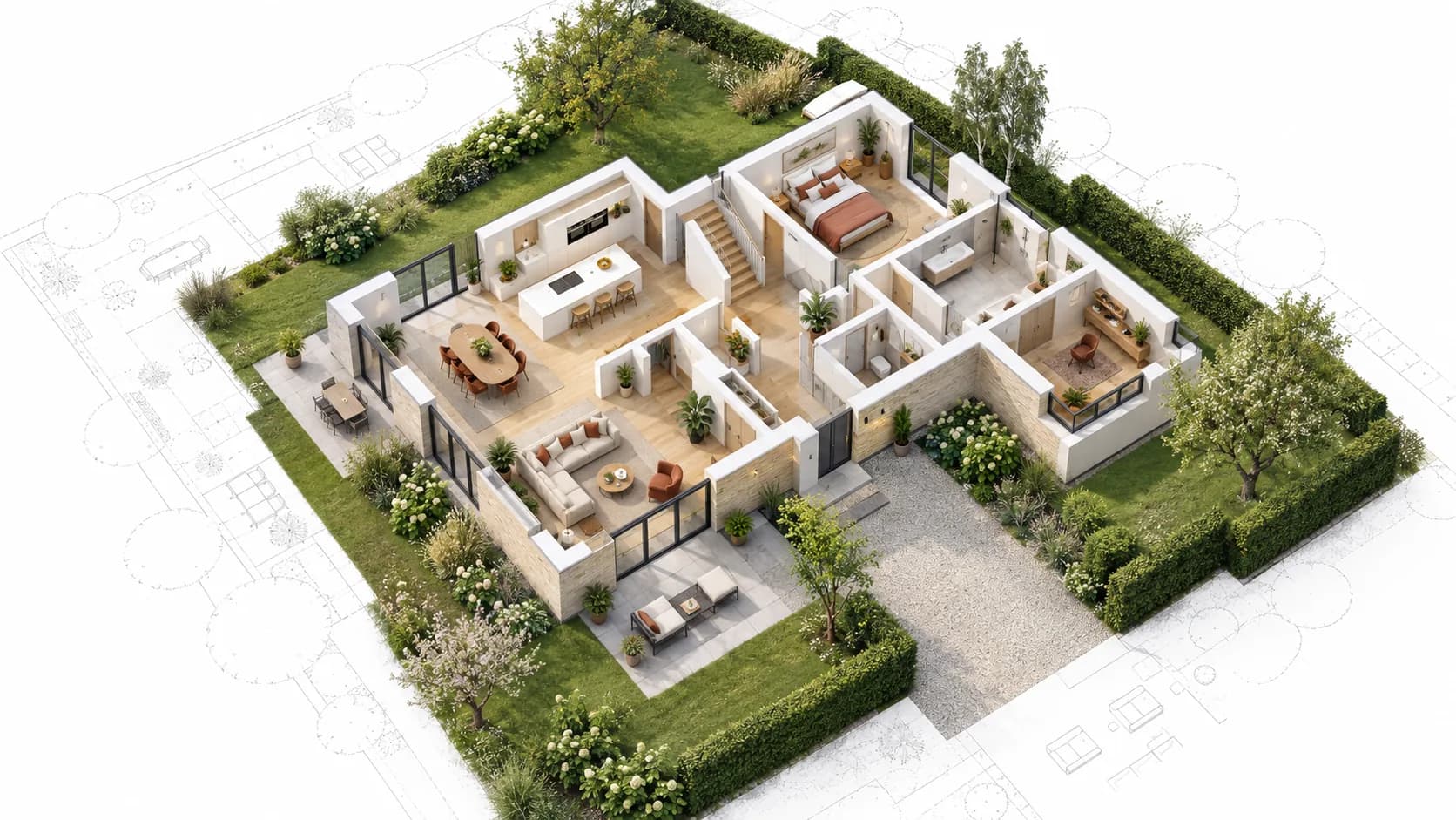 Plan en relief d'une maison de plain-pied et de son jardin, illustration du dépôt d'un devis de travaux pour analyse