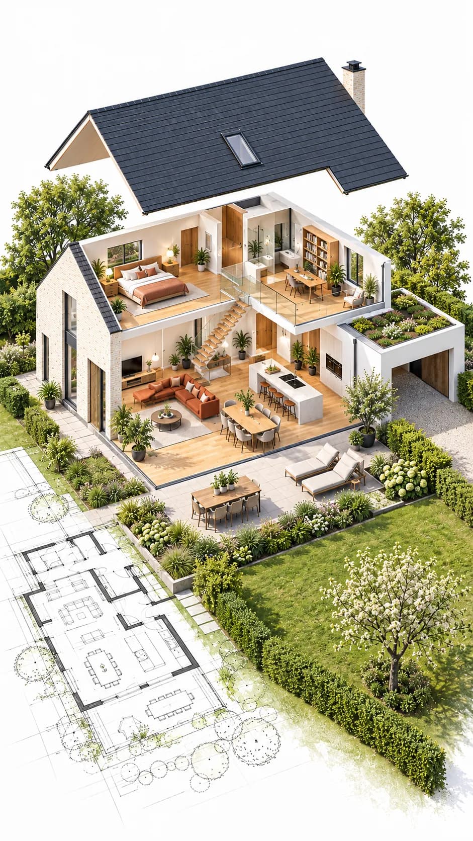 Maison en coupe avec ses pièces, sa terrasse et son plan au sol, illustration de la note de A à E donnée à un devis de travaux