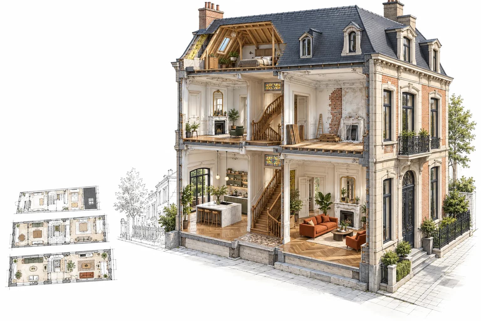 Maison de maître bruxelloise en coupe sur trois niveaux, avec ses plans d'étage, pour situer chaque poste d'un devis de rénovation