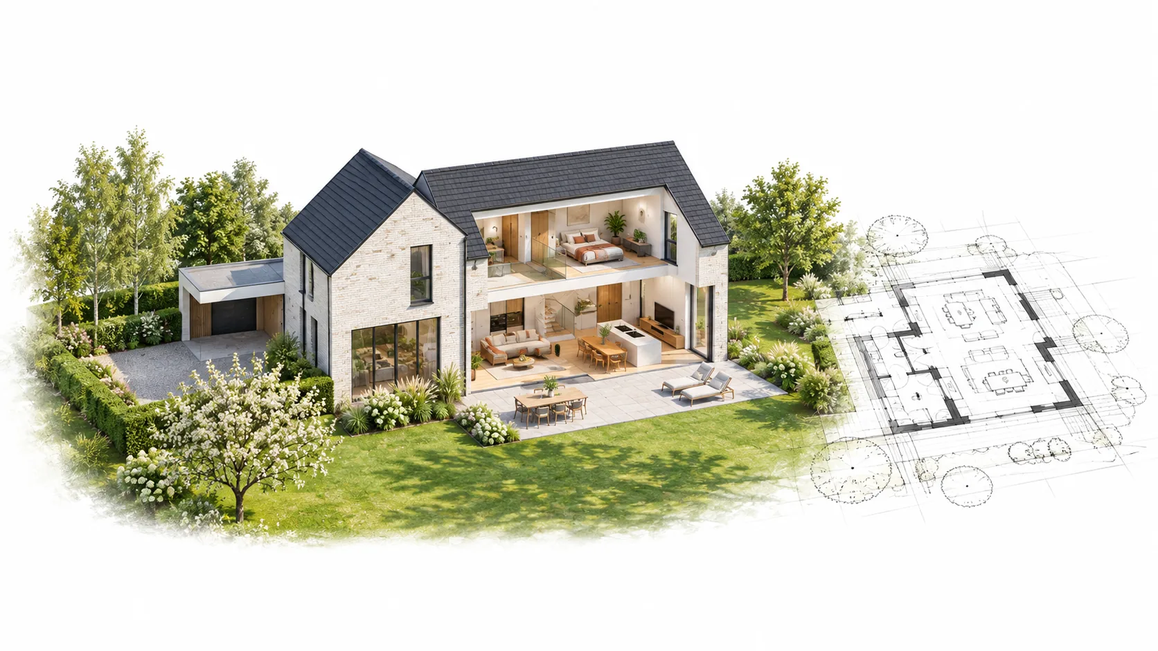 Maison en coupe au milieu de son jardin, avec son plan d'étage, illustration d'un projet de rénovation en Belgique