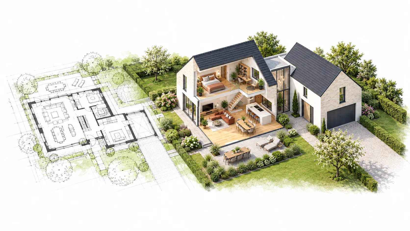 Maison contemporaine en coupe à côté de son plan d'implantation, illustration de la lecture d'un devis de travaux